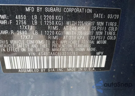 2020 Subaru Outback z USA, uszkodzony, nr VIN 4S4BTAAC6L3211281